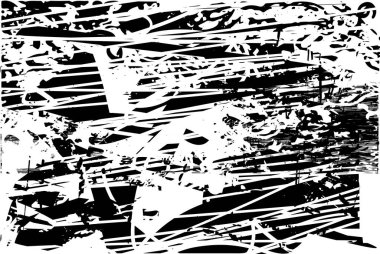 Siyah beyaz desenli, noktalı, lekeli, çizik ve çizikli sıkıntılı bir arkaplan. Soyut vektör illüstrasyonu.