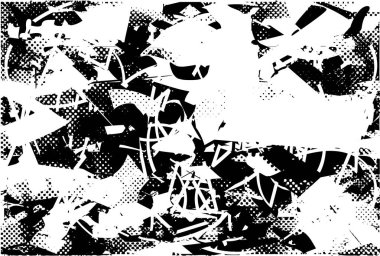 Siyah beyaz desenli, noktalı, lekeli, çizik ve çizikli sıkıntılı bir arkaplan. Soyut vektör illüstrasyonu.