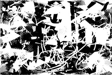 Siyah beyaz desenli, noktalı, lekeli, çizik ve çizikli sıkıntılı bir arkaplan. Soyut vektör illüstrasyonu.