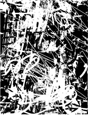 Siyah beyaz desenli, noktalı, lekeli, çizik ve çizikli sıkıntılı bir arkaplan. Soyut vektör illüstrasyonu.