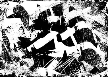 Siyah beyaz desenli, noktalı, lekeli, çizik ve çizikli sıkıntılı bir arkaplan. Soyut vektör illüstrasyonu.