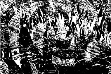 Siyah beyaz desenli, noktalı, lekeli, çizik ve çizikli sıkıntılı bir arkaplan. Soyut vektör illüstrasyonu.