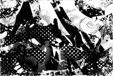 Siyah beyaz desenli, noktalı, lekeli, çizik ve çizikli sıkıntılı bir arkaplan. Soyut vektör illüstrasyonu.