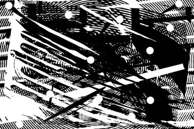 Siyah beyaz desenli, noktalı, lekeli, çizik ve çizikli sıkıntılı bir arkaplan. Soyut vektör illüstrasyonu.