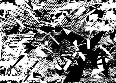 Siyah beyaz desenli, noktalı, lekeli, çizik ve çizikli sıkıntılı bir arkaplan. Soyut vektör illüstrasyonu.