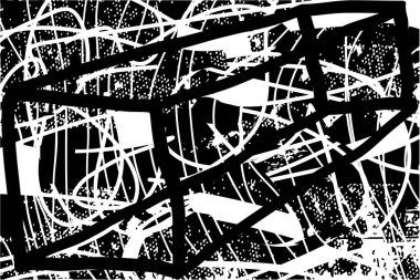 Siyah beyaz desenli, noktalı, lekeli, çizik ve çizikli sıkıntılı bir arkaplan. Soyut vektör illüstrasyonu.