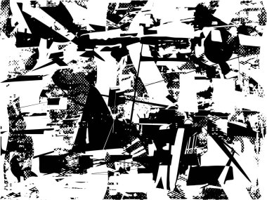 Siyah beyaz desenli, noktalı, lekeli, çizik ve çizikli sıkıntılı bir arkaplan. Soyut vektör illüstrasyonu.