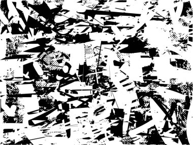 Siyah beyaz desenli, noktalı, lekeli, çizik ve çizikli sıkıntılı bir arkaplan. Soyut vektör illüstrasyonu.