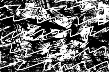 Siyah beyaz desenli, noktalı, lekeli, çizik ve çizikli sıkıntılı bir arkaplan. Soyut vektör illüstrasyonu.