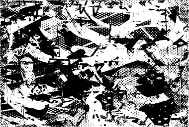 Siyah beyaz desenli, noktalı, lekeli, çizik ve çizikli sıkıntılı bir arkaplan. Soyut vektör illüstrasyonu.