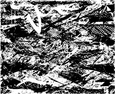 Siyah beyaz desenli, noktalı, lekeli, çizik ve çizikli sıkıntılı bir arkaplan. Soyut vektör illüstrasyonu.