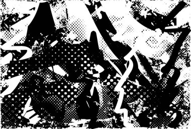 Siyah beyaz desenli, noktalı, lekeli, çizik ve çizikli sıkıntılı bir arkaplan. Soyut vektör illüstrasyonu.