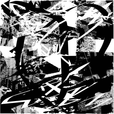 Siyah beyaz desenli, noktalı, lekeli, çizik ve çizikli sıkıntılı bir arkaplan. Soyut vektör illüstrasyonu.