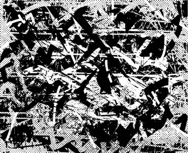 Siyah beyaz desenli, noktalı, lekeli, çizik ve çizikli sıkıntılı bir arkaplan. Soyut vektör illüstrasyonu.