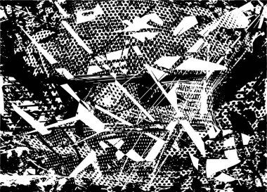 Siyah beyaz desenli, noktalı, lekeli, çizik ve çizikli sıkıntılı bir arkaplan. Soyut vektör illüstrasyonu.