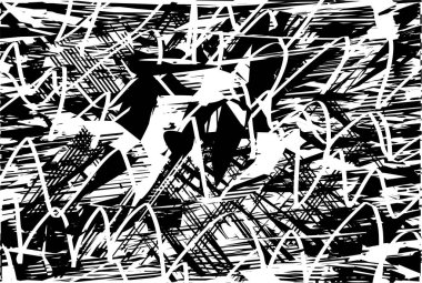 Siyah beyaz desenli, noktalı, lekeli, çizik ve çizikli sıkıntılı bir arkaplan. Soyut vektör illüstrasyonu.