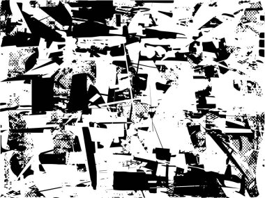 Siyah beyaz desenli, noktalı, lekeli, çizik ve çizikli sıkıntılı bir arkaplan. Soyut vektör illüstrasyonu.