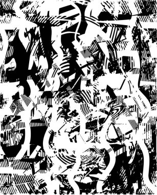 Siyah beyaz desenli, noktalı, lekeli, çizik ve çizikli sıkıntılı bir arkaplan. Soyut vektör illüstrasyonu.