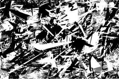 Siyah beyaz desenli, noktalı, lekeli, çizik ve çizikli sıkıntılı bir arkaplan. Soyut vektör illüstrasyonu.