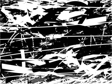 Siyah beyaz desenli, noktalı, lekeli, çizik ve çizikli sıkıntılı bir arkaplan. Soyut vektör illüstrasyonu.