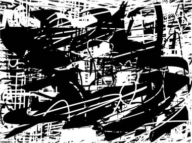 Siyah beyaz desenli, noktalı, lekeli, çizik ve çizikli sıkıntılı bir arkaplan. Soyut vektör illüstrasyonu.