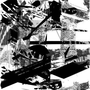 Siyah beyaz desenli, noktalı, lekeli, çizik ve çizikli sıkıntılı bir arkaplan. Soyut vektör illüstrasyonu.