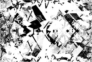 Siyah beyaz desenli, noktalı, lekeli, çizik ve çizikli sıkıntılı bir arkaplan. Soyut vektör illüstrasyonu.