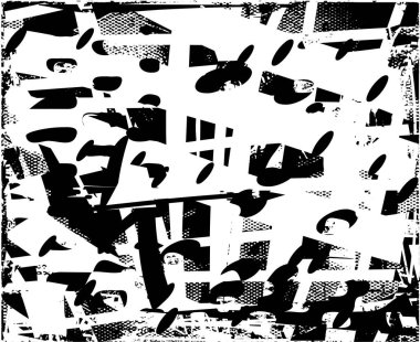 Siyah beyaz desenli, noktalı, lekeli, çizik ve çizikli sıkıntılı bir arkaplan. Soyut vektör illüstrasyonu.