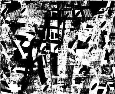 Siyah beyaz desenli, noktalı, lekeli, çizik ve çizikli sıkıntılı bir arkaplan. Soyut vektör illüstrasyonu.