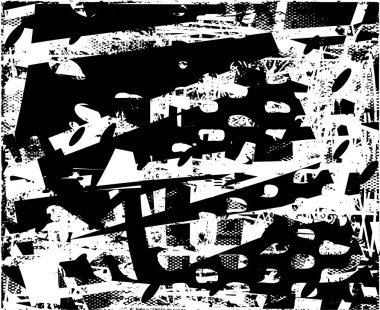 Siyah beyaz desenli, noktalı, lekeli, çizik ve çizikli sıkıntılı bir arkaplan. Soyut vektör illüstrasyonu.