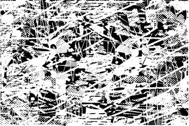 Siyah beyaz desenli, noktalı, lekeli, çizik ve çizikli sıkıntılı bir arkaplan. Soyut vektör illüstrasyonu.