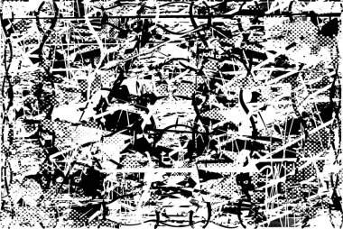 Siyah beyaz desenli, noktalı, lekeli, çizik ve çizikli sıkıntılı bir arkaplan. Soyut vektör illüstrasyonu.