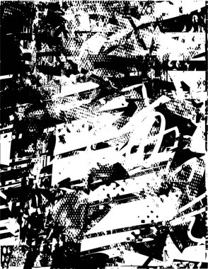 Siyah beyaz desenli, noktalı, lekeli, çizik ve çizikli sıkıntılı bir arkaplan. Soyut vektör illüstrasyonu.