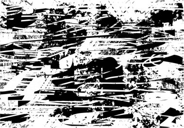 Siyah beyaz desenli, noktalı, lekeli, çizik ve çizikli sıkıntılı bir arkaplan. Soyut vektör illüstrasyonu.