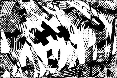 Siyah beyaz desenli, noktalı, lekeli, çizik ve çizikli sıkıntılı bir arkaplan. Soyut vektör illüstrasyonu.