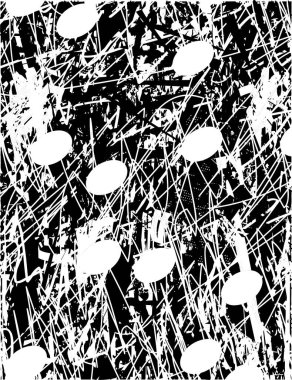 Siyah beyaz desenli, noktalı, lekeli, çizik ve çizikli sıkıntılı bir arkaplan. Soyut vektör illüstrasyonu.