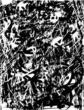 Siyah beyaz desenli, noktalı, lekeli, çizik ve çizikli sıkıntılı bir arkaplan. Soyut vektör illüstrasyonu.