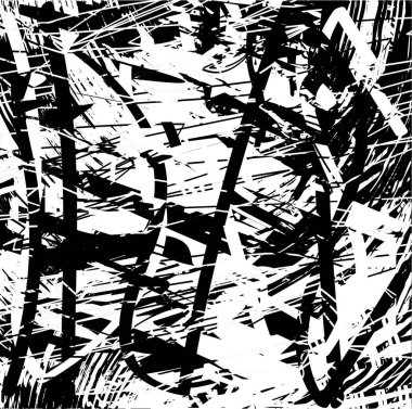 Siyah beyaz desenli, noktalı, lekeli, çizik ve çizikli sıkıntılı bir arkaplan. Soyut vektör illüstrasyonu.