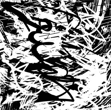 Siyah beyaz desenli, noktalı, lekeli, çizik ve çizikli sıkıntılı bir arkaplan. Soyut vektör illüstrasyonu.