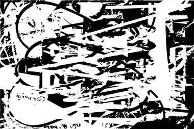 Siyah beyaz desenli, noktalı, lekeli, çizik ve çizikli sıkıntılı bir arkaplan. Soyut vektör illüstrasyonu.