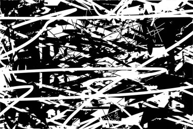 Siyah beyaz desenli, noktalı, lekeli, çizik ve çizikli sıkıntılı bir arkaplan. Soyut vektör illüstrasyonu.