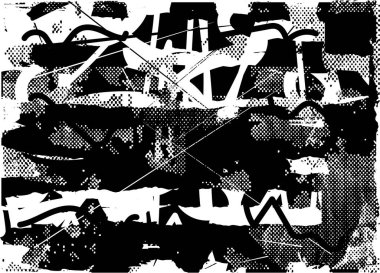 Siyah beyaz desenli, noktalı, lekeli, çizik ve çizikli sıkıntılı bir arkaplan. Soyut vektör illüstrasyonu.