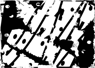 Siyah beyaz desenli, noktalı, lekeli, çizik ve çizikli sıkıntılı bir arkaplan. Soyut vektör illüstrasyonu.