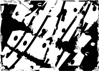 Siyah beyaz desenli, noktalı, lekeli, çizik ve çizikli sıkıntılı bir arkaplan. Soyut vektör illüstrasyonu.