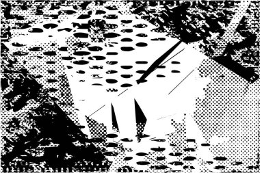 Siyah beyaz desenli, noktalı, lekeli, çizik ve çizikli sıkıntılı bir arkaplan. Soyut vektör illüstrasyonu.