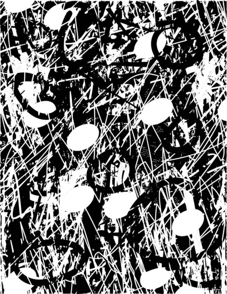 Siyah beyaz desenli, noktalı, lekeli, çizik ve çizikli sıkıntılı bir arkaplan. Soyut vektör illüstrasyonu.