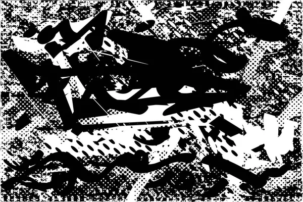 Siyah beyaz desenli, noktalı, lekeli, çizik ve çizikli sıkıntılı bir arkaplan. Soyut vektör illüstrasyonu.
