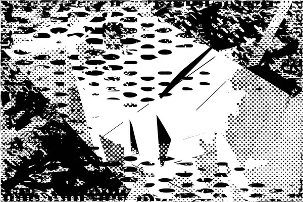 Siyah beyaz desenli, noktalı, lekeli, çizik ve çizikli sıkıntılı bir arkaplan. Soyut vektör illüstrasyonu.