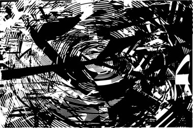 Siyah beyaz desenli, noktalı, lekeli, çizik ve çizikli sıkıntılı bir arkaplan. Soyut vektör illüstrasyonu.