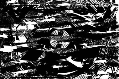 Siyah beyaz desenli, noktalı, lekeli, çizik ve çizikli sıkıntılı bir arkaplan. Soyut vektör illüstrasyonu.